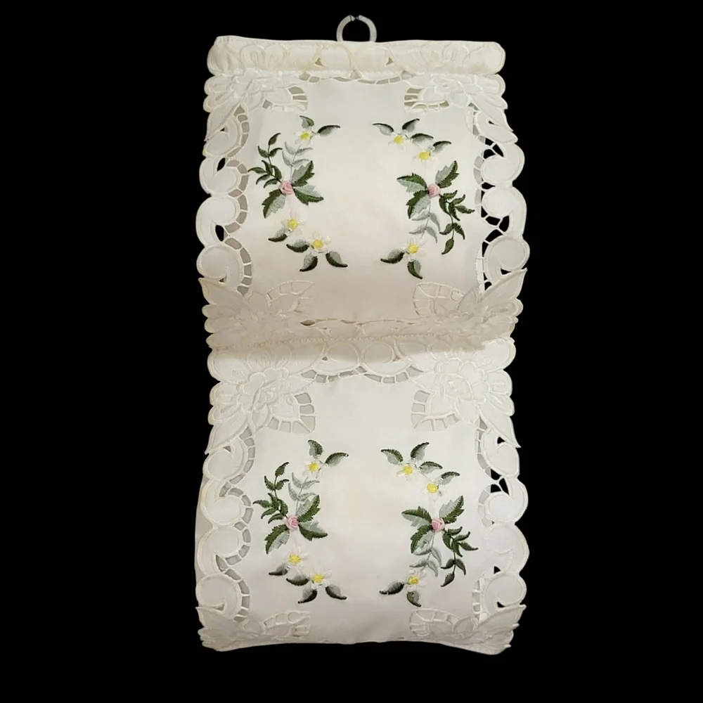 Vintage 2 Roll Fabric Toilet Paper Holder Ivory Cutwork Lace Embroidery Romantic